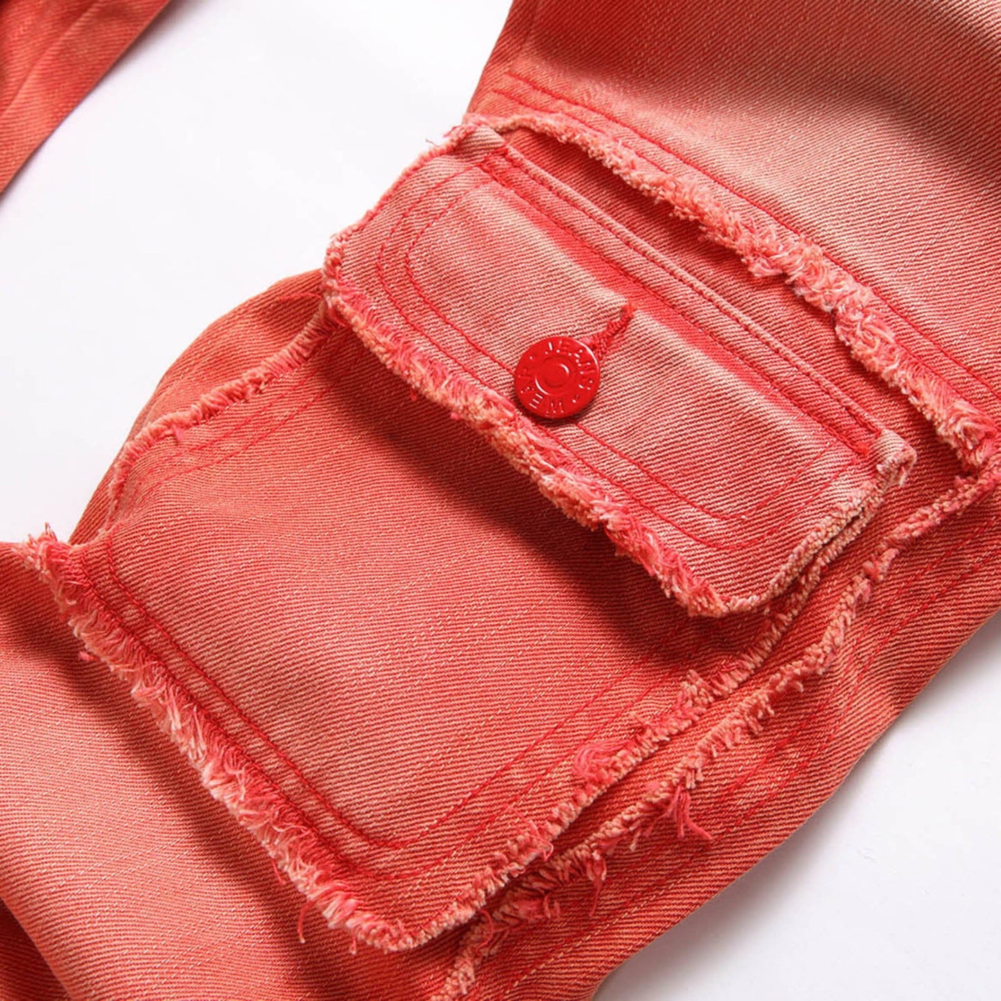 Washed Red Denim Jeans With Pockets