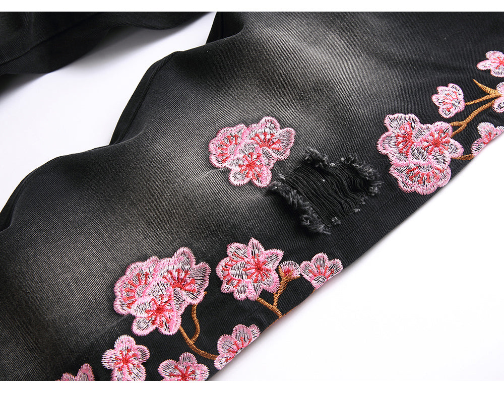 Black Floral Stacked Denim Jeans