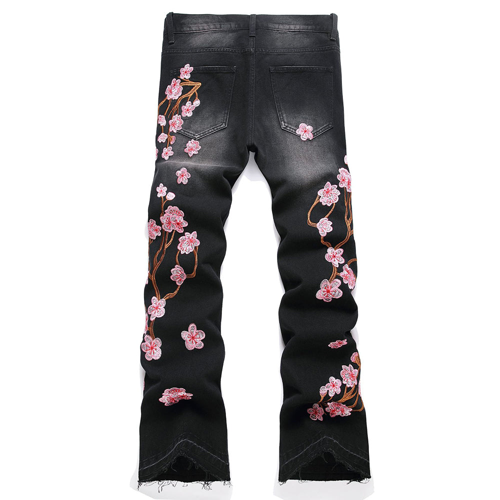 Black Floral Stacked Denim Jeans