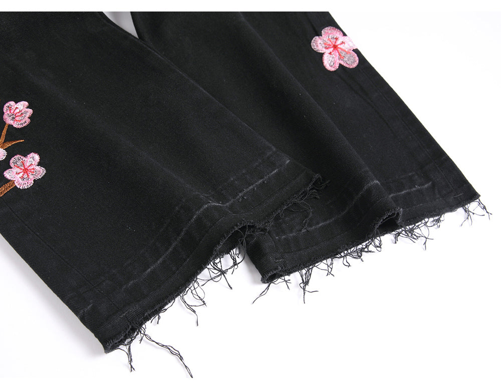 Black Floral Stacked Denim Jeans