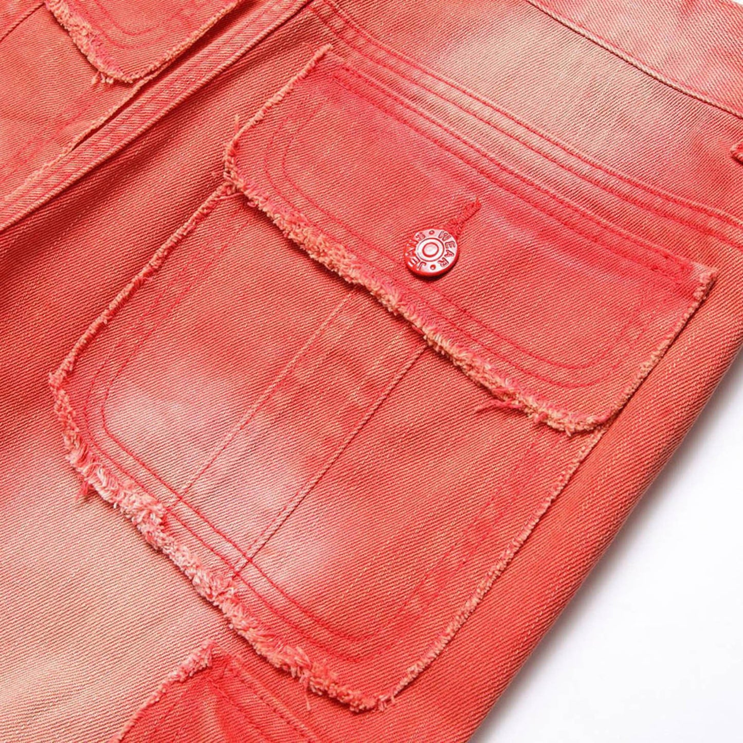 Washed Red Denim Jeans With Pockets