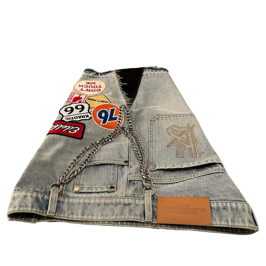 Punk Rock Mens Denim Shorts- Lightweight Cotton Denim Shorts With Embroidery