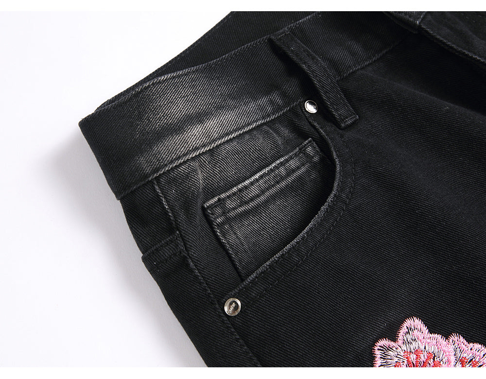 Black Floral Stacked Denim Jeans