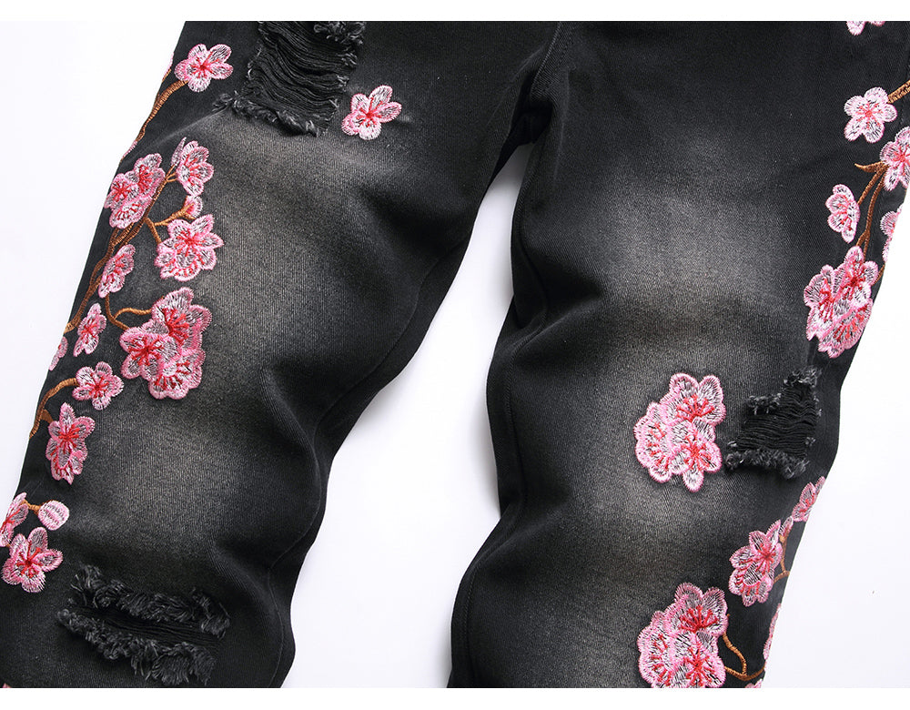 Black Floral Stacked Denim Jeans