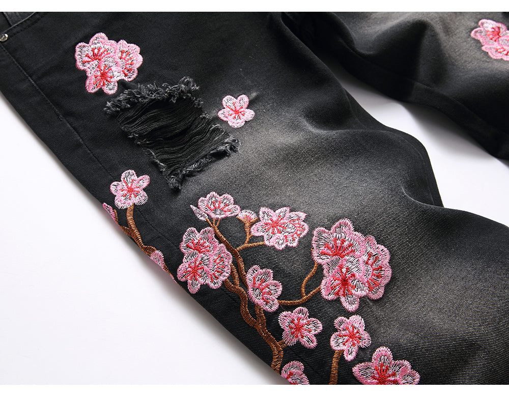 Black Floral Stacked Denim Jeans