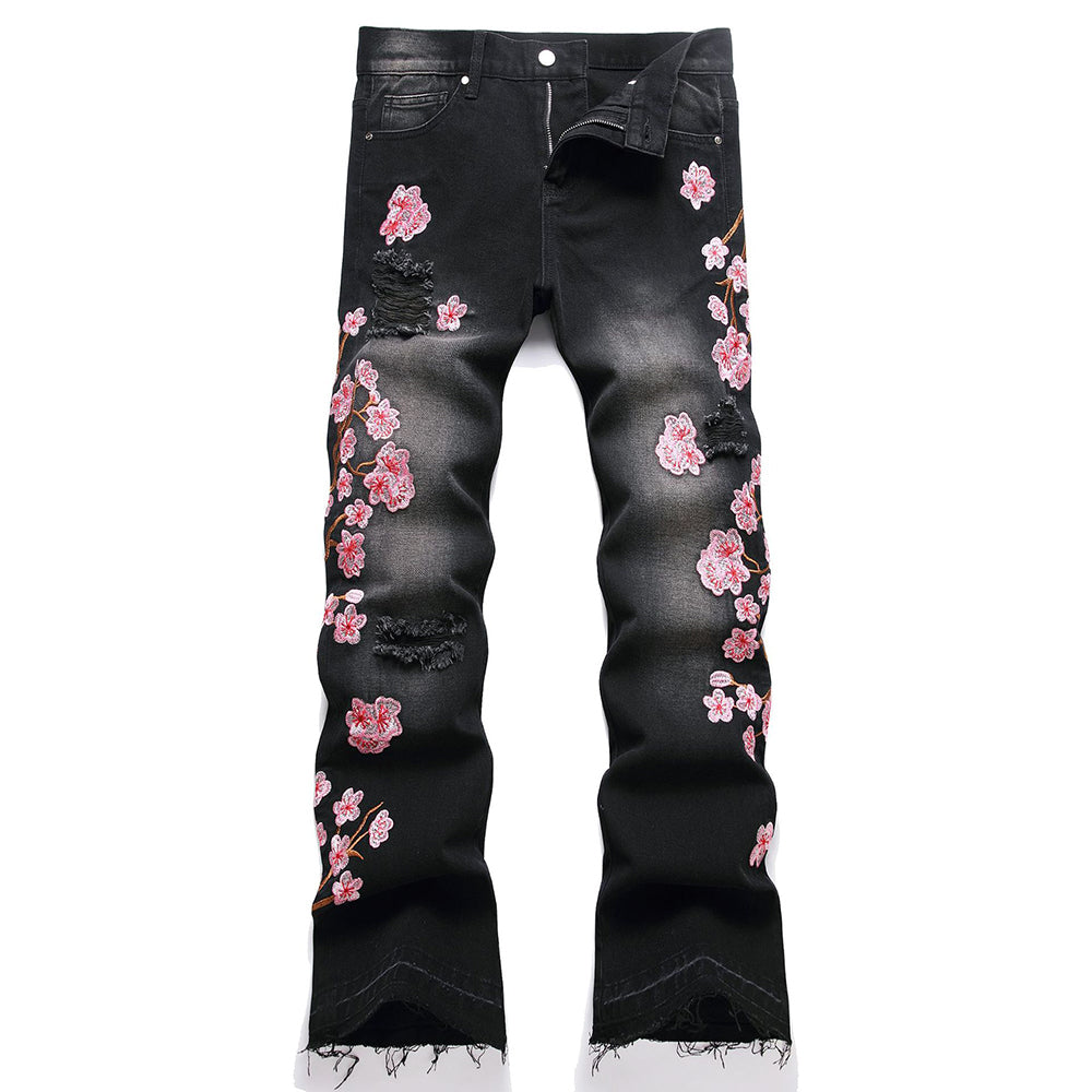 Black Floral Stacked Denim Jeans