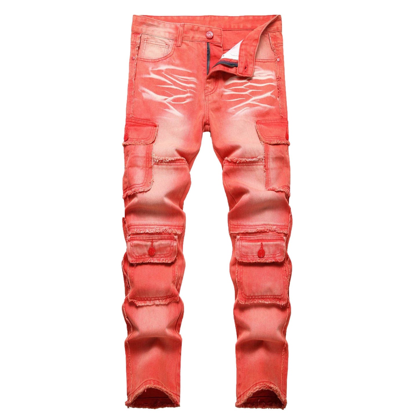 Washed Red Denim Jeans With Pockets