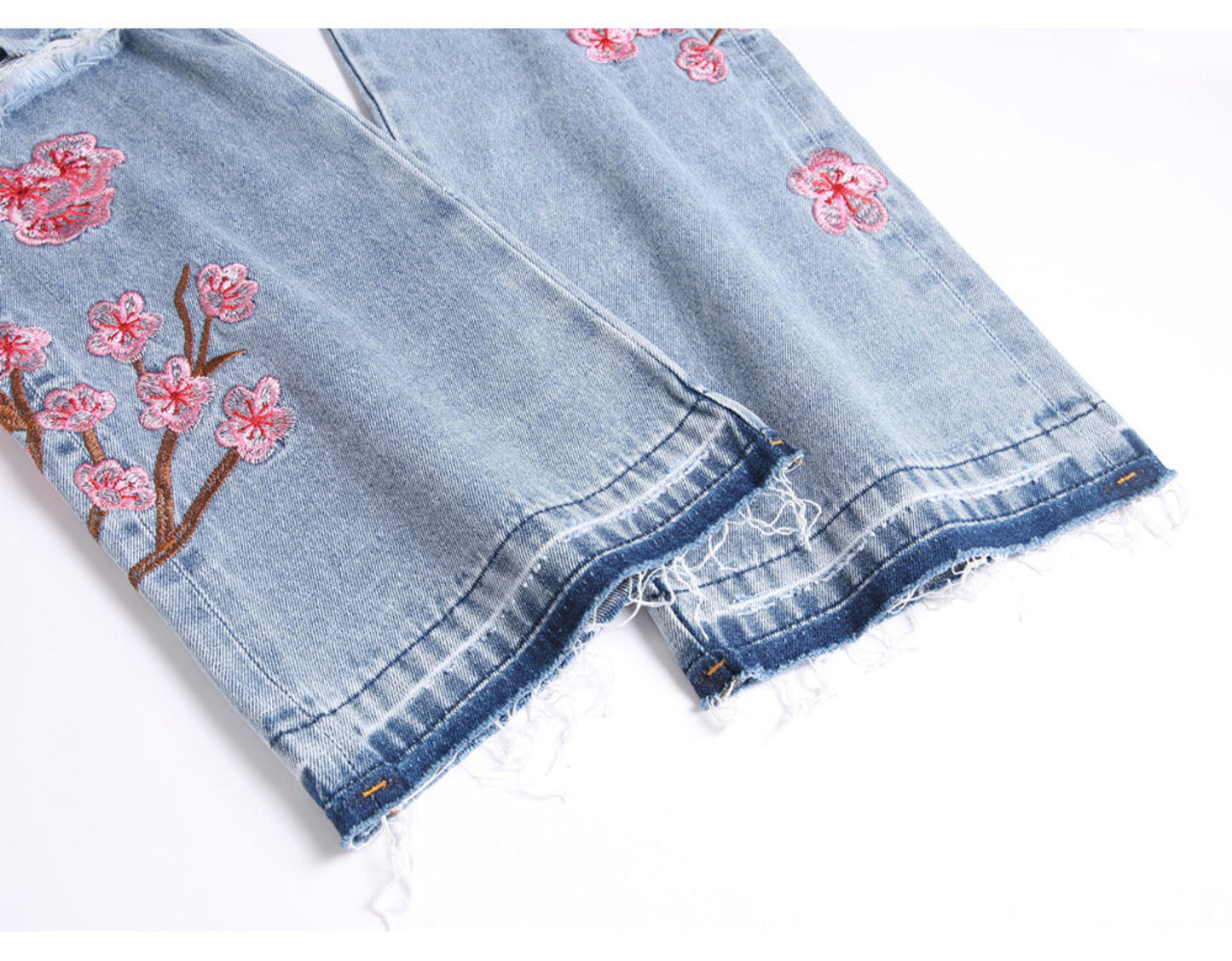 Stacked Cherry Blossom Mens Denim Jeans- Lightweight Cotton Casual Denim Jeans With Embroidery