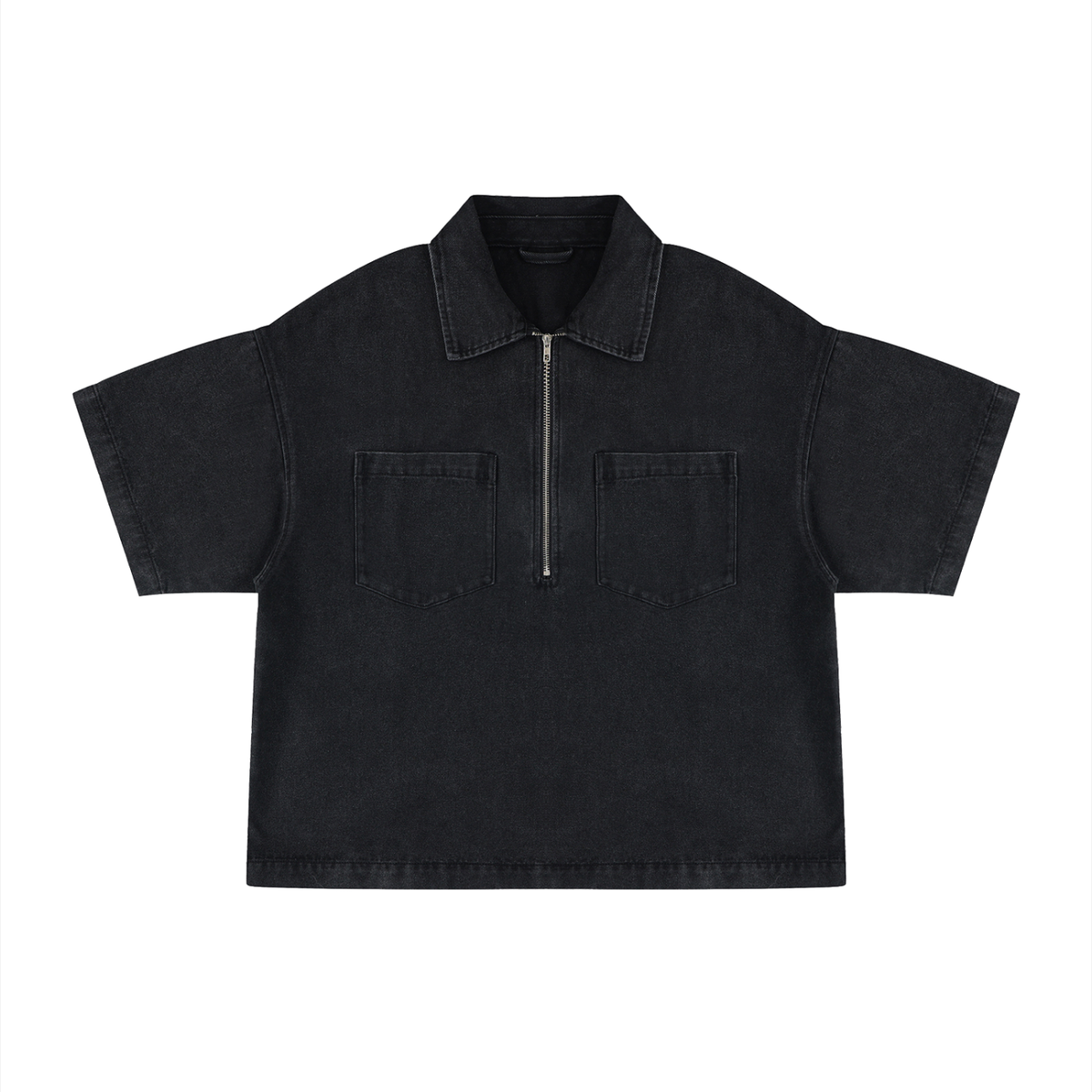 Vintage Wash Boxy Quarter-Zip Denim Shirt