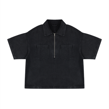 Vintage Wash Boxy Quarter-Zip Denim Shirt