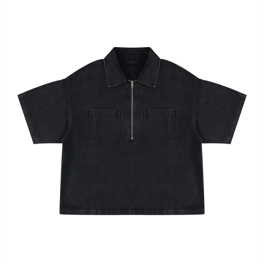 Vintage Wash Boxy Quarter-Zip Denim Shirt