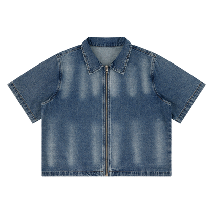 Vintage Washed Denim Collar Short Sleeve Shirt