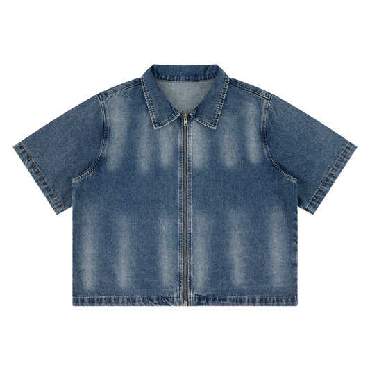 Vintage Washed Denim Collar Short Sleeve Shirt