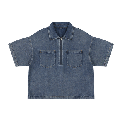 Vintage Wash Boxy Quarter-Zip Denim Shirt