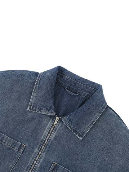 Vintage Wash Boxy Quarter-Zip Denim Shirt