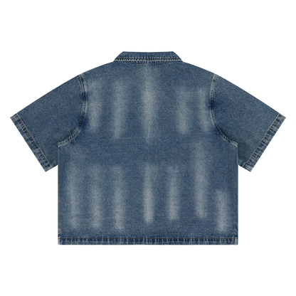 Vintage Washed Denim Collar Short Sleeve Shirt