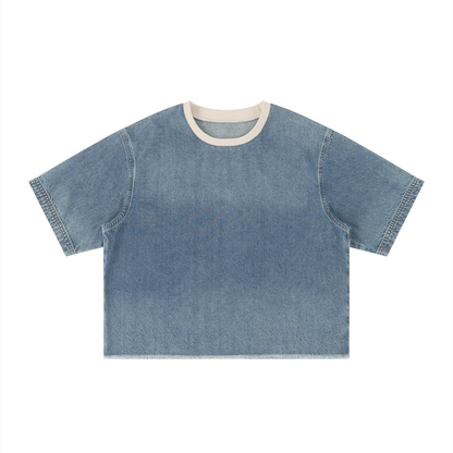 Vintage Wash Boxy Raw Hem Denim T-Shirt