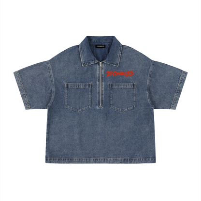 Vintage Wash Boxy Quarter-Zip Denim Shirt