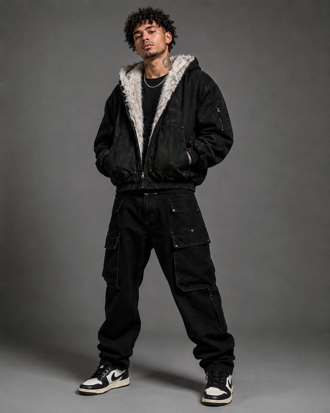 Vintage Denim Faux Fur Hoodie