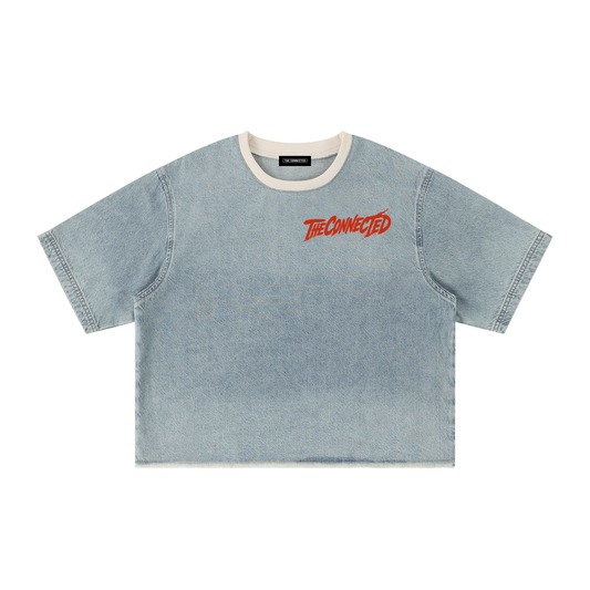 Vintage Wash Boxy Raw Hem Denim T-Shirt