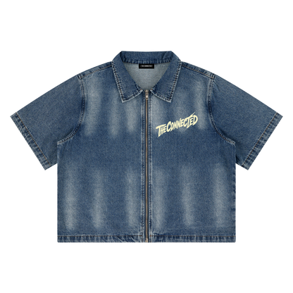 Vintage Washed Denim Collar Short Sleeve Shirt