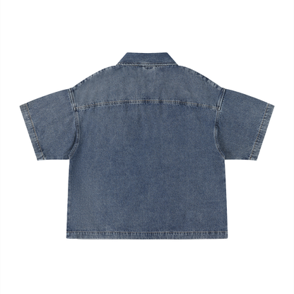 Vintage Wash Boxy Quarter-Zip Denim Shirt