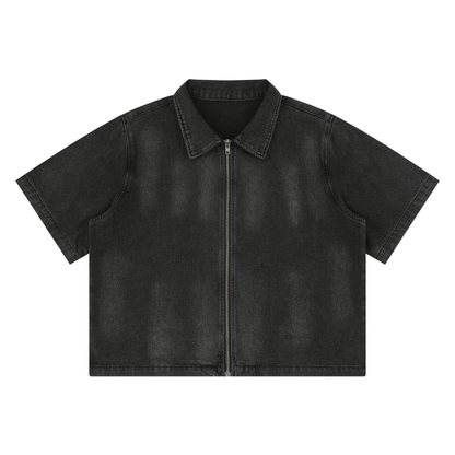 Vintage Washed Denim Collar Short Sleeve Shirt