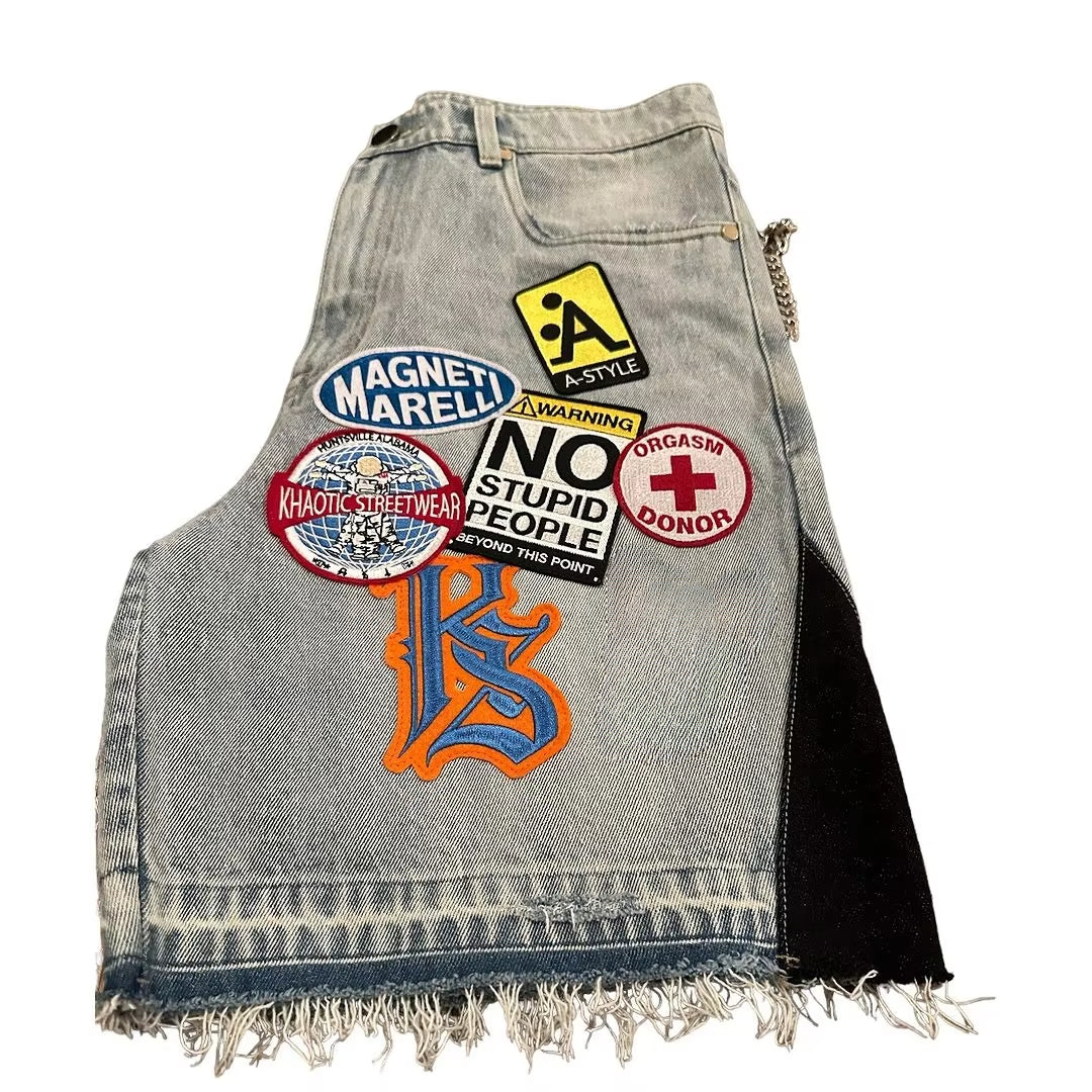 Punk Rock Denim Shorts with Embroidery