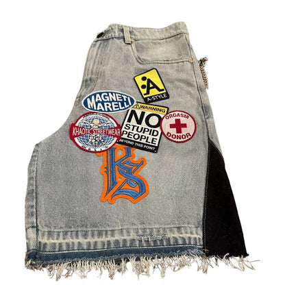 Punk Rock Mens Denim Shorts- Lightweight Cotton Denim Shorts With Embroidery