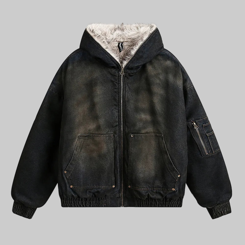 Vintage Denim Faux Fur Hoodie