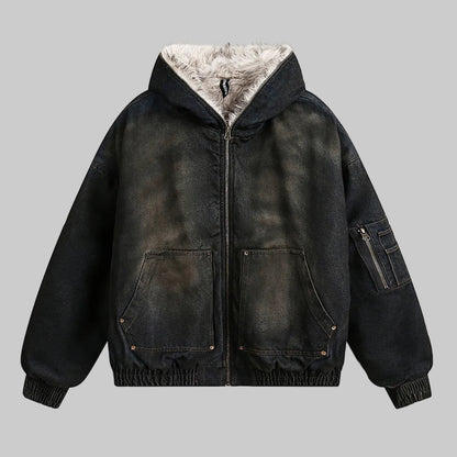 Vintage Denim Faux Fur Hoodie