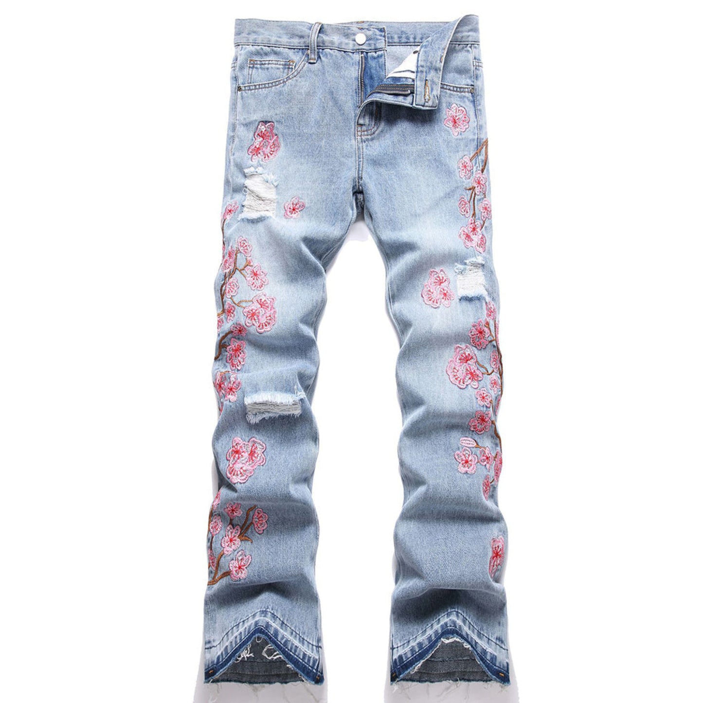 Stacked Cherry Blossom Distressed Denim Jeans