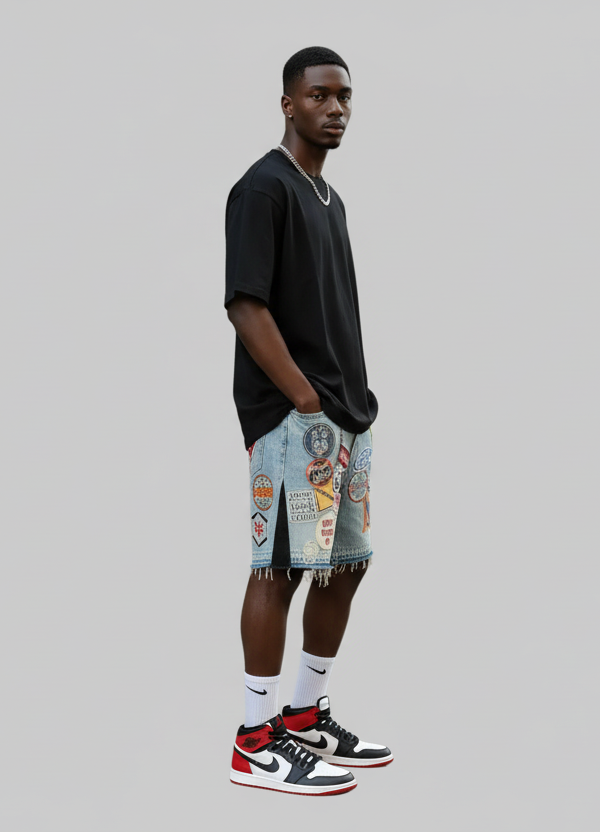 Punk Rock Mens Denim Shorts- Lightweight Cotton Denim Shorts With Embroidery