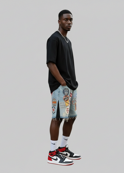 Punk Rock Mens Denim Shorts- Lightweight Cotton Denim Shorts With Embroidery