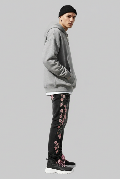 Stacked Cherry Blossom Mens Denim Jeans- Lightweight Cotton Casual Denim Jeans With Embroidery