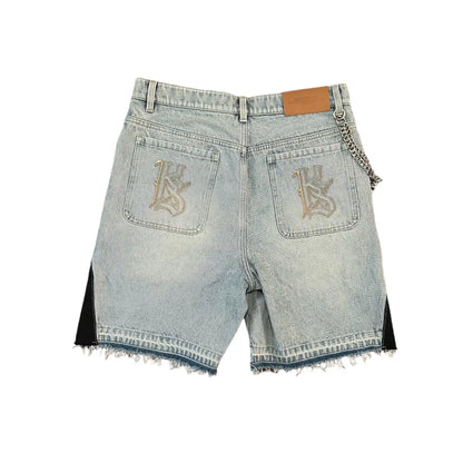 Punk Rock Mens Denim Shorts- Lightweight Cotton Denim Shorts With Embroidery