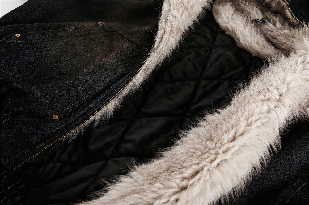 Vintage Denim Faux Fur Hoodie