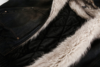 Vintage Denim Faux Fur Hoodie