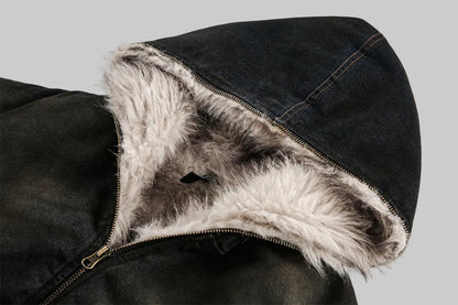 Vintage Denim Faux Fur Hoodie