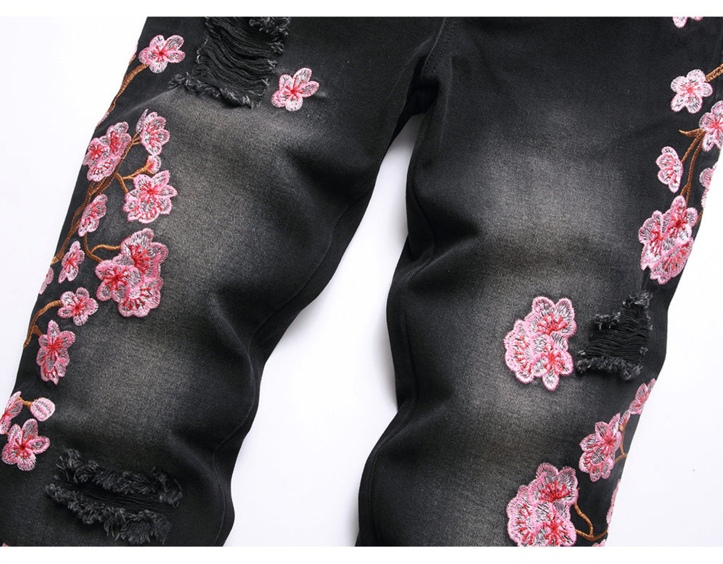 Black Floral Stacked Denim Jeans