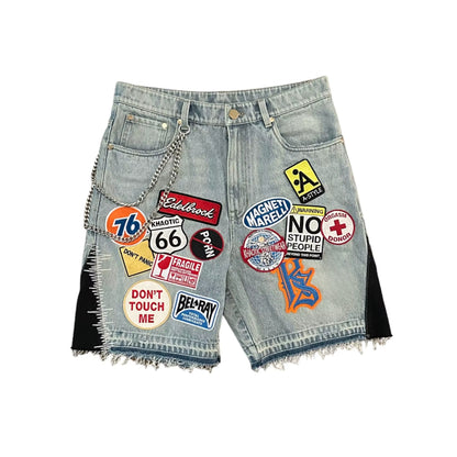 Punk Rock Mens Denim Shorts- Lightweight Cotton Denim Shorts With Embroidery