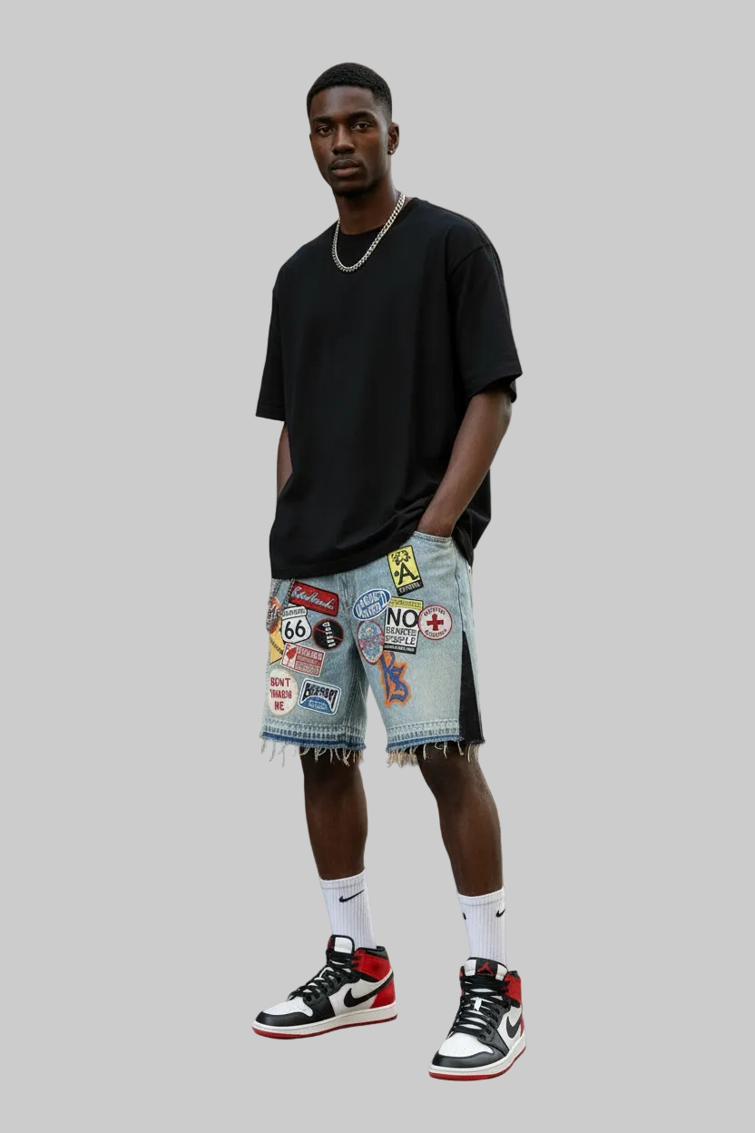 Punk Rock Mens Denim Shorts- Lightweight Cotton Denim Shorts With Embroidery