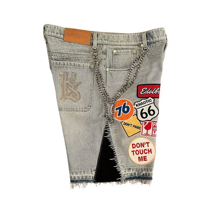 Punk Rock Mens Denim Shorts- Lightweight Cotton Denim Shorts With Embroidery