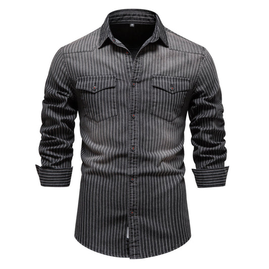 Pinstriped Mens Collard Button Up Long Sleeve- Light Weight Casual Shirt With Buttons & Pockets