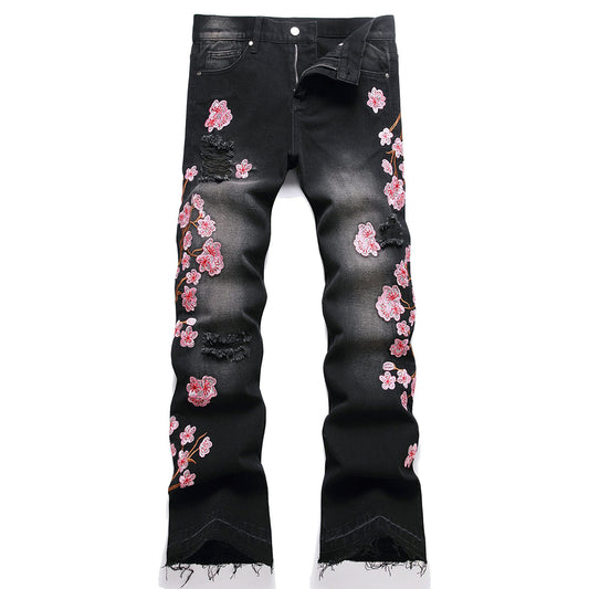 Black Floral Stacked Denim Jeans