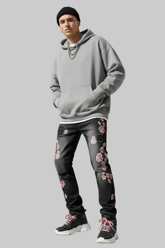 Stacked Cherry Blossom Mens Denim Jeans- Lightweight Cotton Casual Denim Jeans With Embroidery