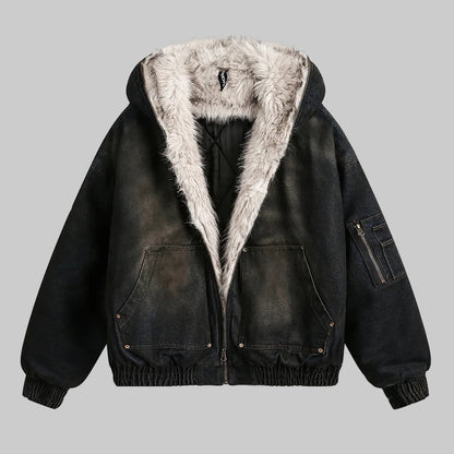 Vintage Denim Faux Fur Hoodie